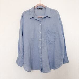 Zara Womens Shirt Size XL Blue Long Sleeve‎ Linen Button Down